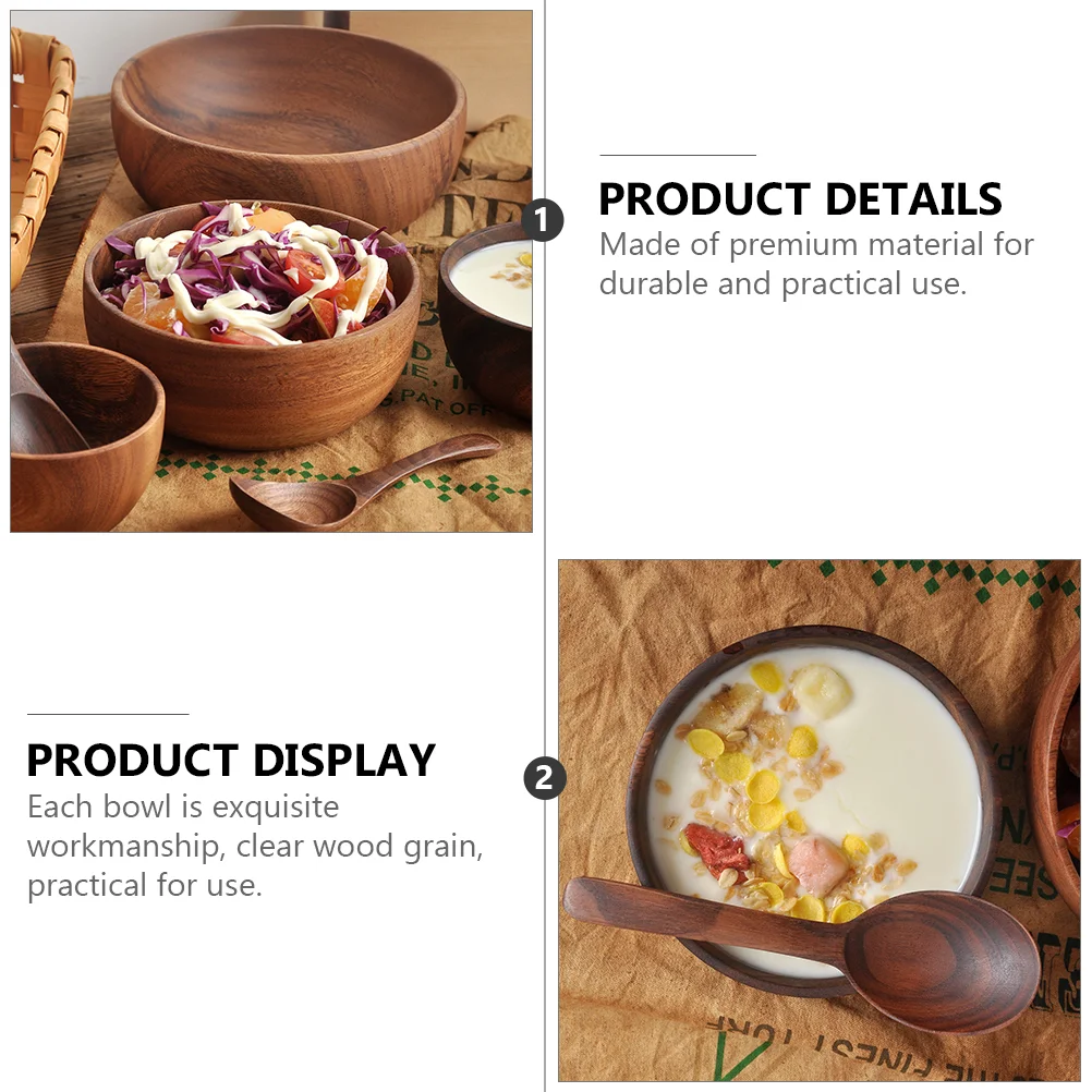 

Bowl Wooden Wood Bowls Salad Serving Set Ramen Soup Mixing Spoon Noodles Fruit Round Ice Cream Snacks Dessert Pasta Japanese