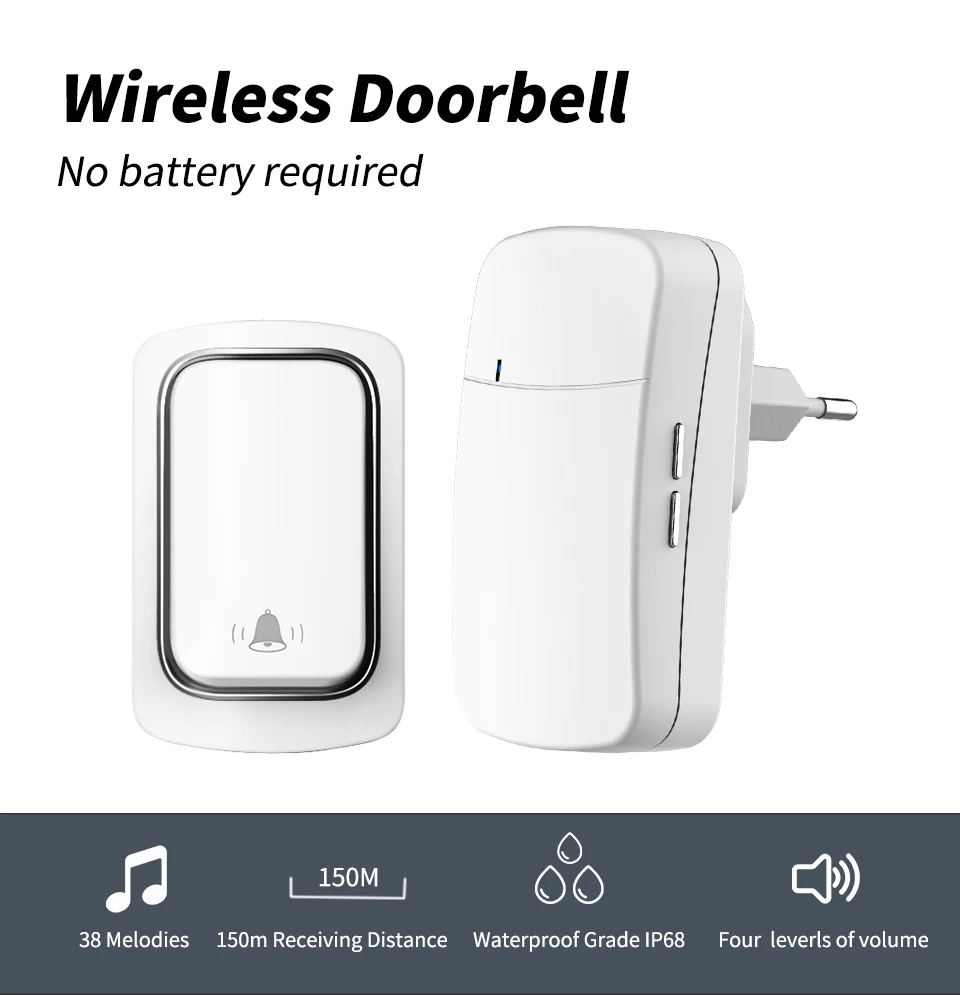 

Wireless Doorbell Self-Powered Outdoor Waterproof Door Bell 150m Long Wireless Distance 38Songs Home Welcome smart doorbell