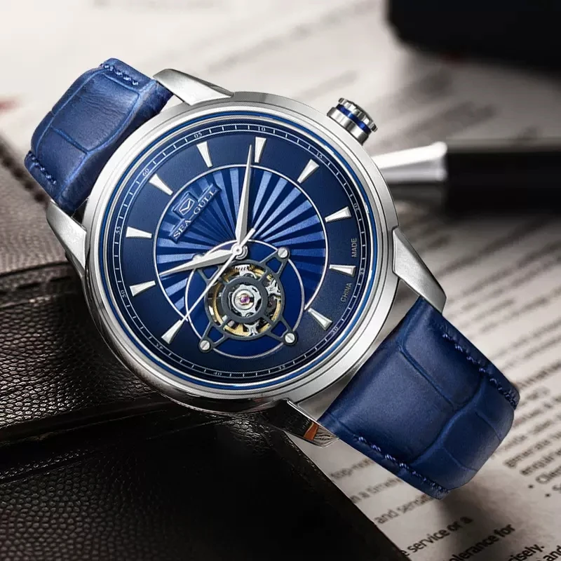 2022 Seagull Men's Watch Automatic Mechanical Watch Business Fashion Blue Waterproof Leather Hollow Flywheel Watch 1014K