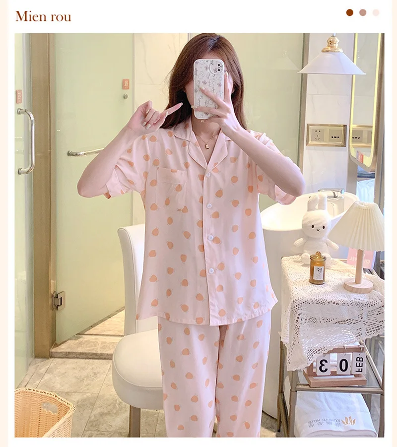 Summer Pajamas Set Loungewear Thin Loose Sleepwear Big Size Women's Clothing Nightgowns Homewear Short Sleeve Turn-down Collar