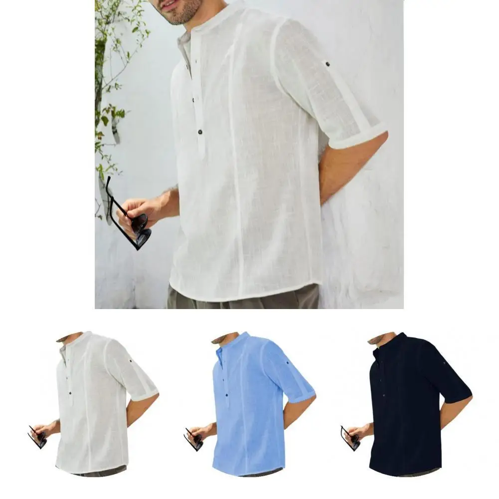 

Trendy Men Shirt Solid Color Wear-resistant All Match Half Sleeve Summer T-shirt