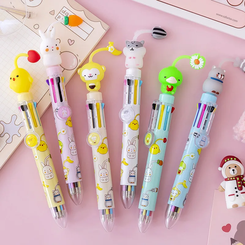 6Pcs/Lot Kawaii Animal Pendant 8 Color Ballpoint Pen Cute Chick Monkey Rabbit Multicolor Graffiti Pen School Office Supplies