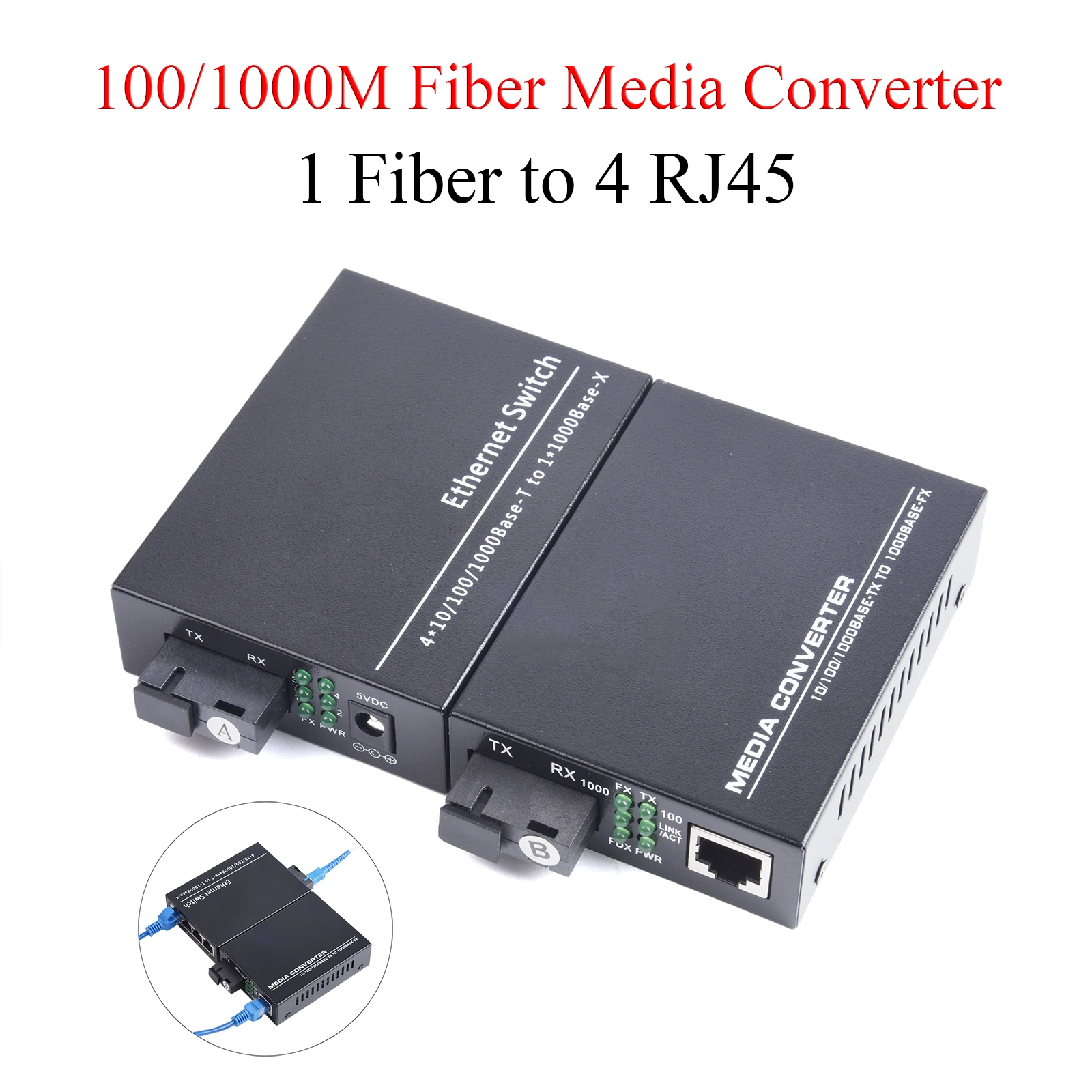 1 Pair Gigabit Fiber Optical Media Converter 10/100/1000Mbps Single Mode 1 Fiber to 4 RJ45 UPC/APC SC-Port EU Power