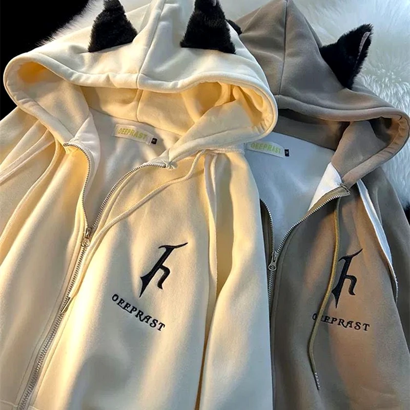 

Темный готический уши хип-хоп с вышивкой значков на молнии кардиган толстовки оверсайз Утепленная зимняя куртка мужской уличный Свободный ...