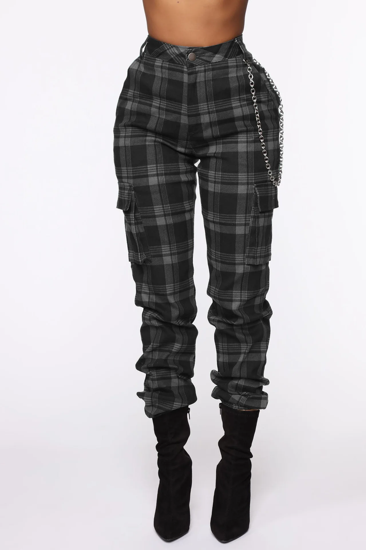 

New Explosive Fashion Plaid and Chain Accessories Harem Pants Women's Casual Pants Streetwear Women