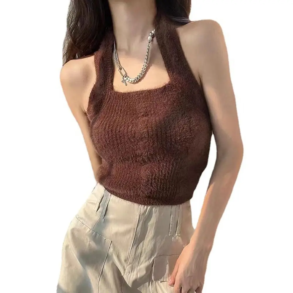 Трикотажные топы Halterneck модные трикотажные высокоэластичные подвесные майки без