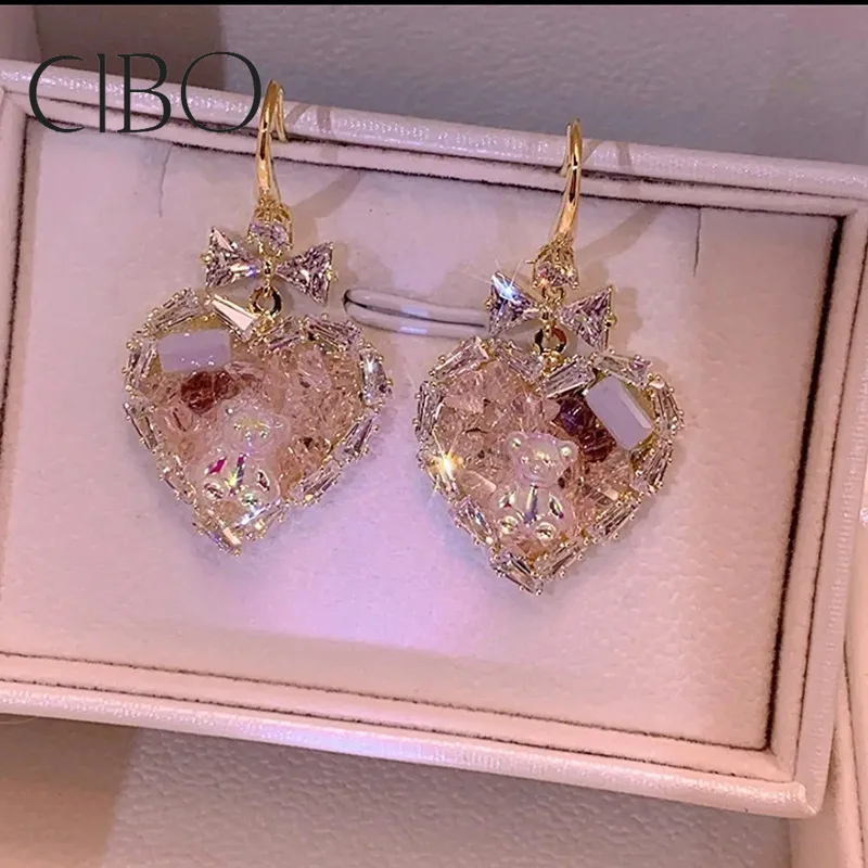 

Zircon Bow Earrings Love Bear Ear Hook Korean Fashion High-end Temperament Earrings Ins Style Light Luxury Earrings