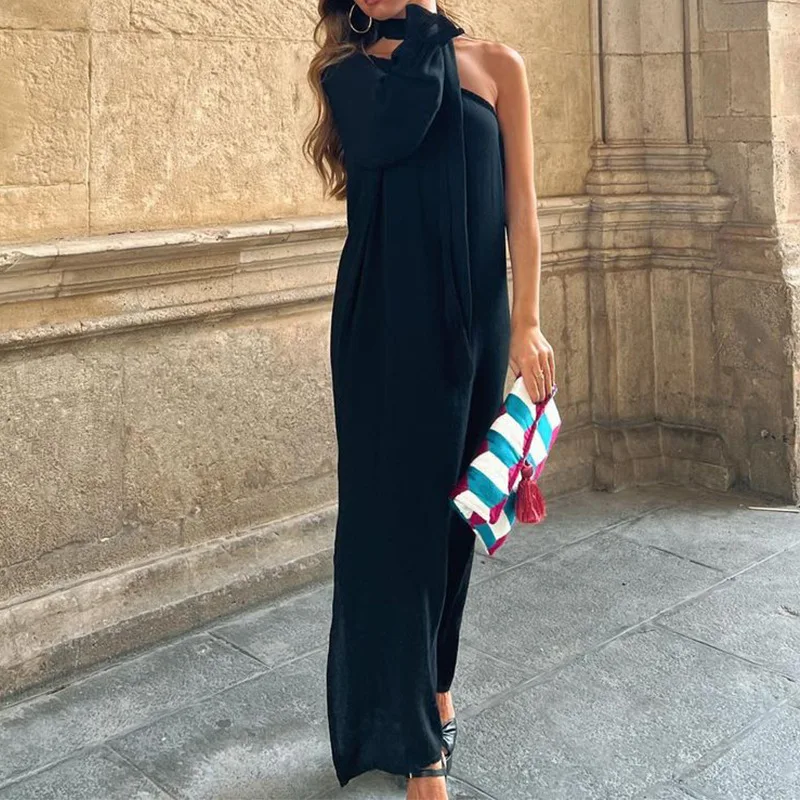 

Wepbel Fashion Long Dress Women Solid Color Shoulder One-Shoulder Sleeve Dress Diagonal Collar Summer Loose Dress Robe