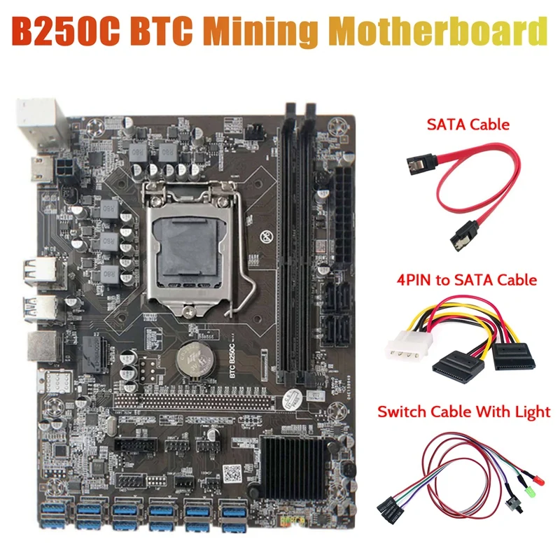 

B250C Miner Motherboard+Switch Cable With Light+4PIN To SATA Cable+SATA Cable 12 PCIE To USB3.0 GPU Slot LGA1151 DDR4
