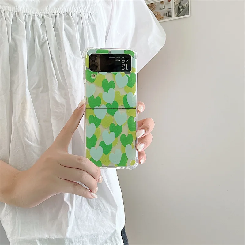 

Lovely Green Hearts Transparent Phone Case for Samsung Galaxy Z Flip 3 5G Soft TPU Back Cover for ZFlip3 Cases Protective Shell