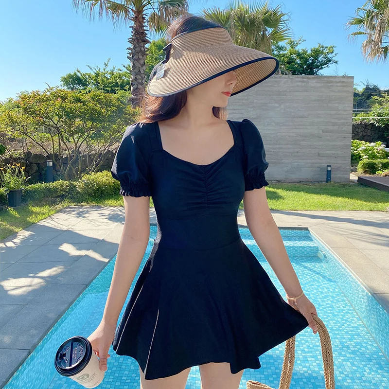 

New Style Women One Piece Swimsuit Solid Ruffled Short Puff Sleeve Swimwear Korean Style Summer Beachwear Bathing Suit Wireless