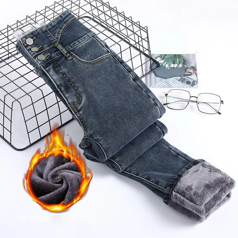 Winter Warm Thicken Velvet Jeans Women  Korean Fashiuon High Waist Skinny Leggings Trousers Slim Fit Stretch Pencil Denim Pants