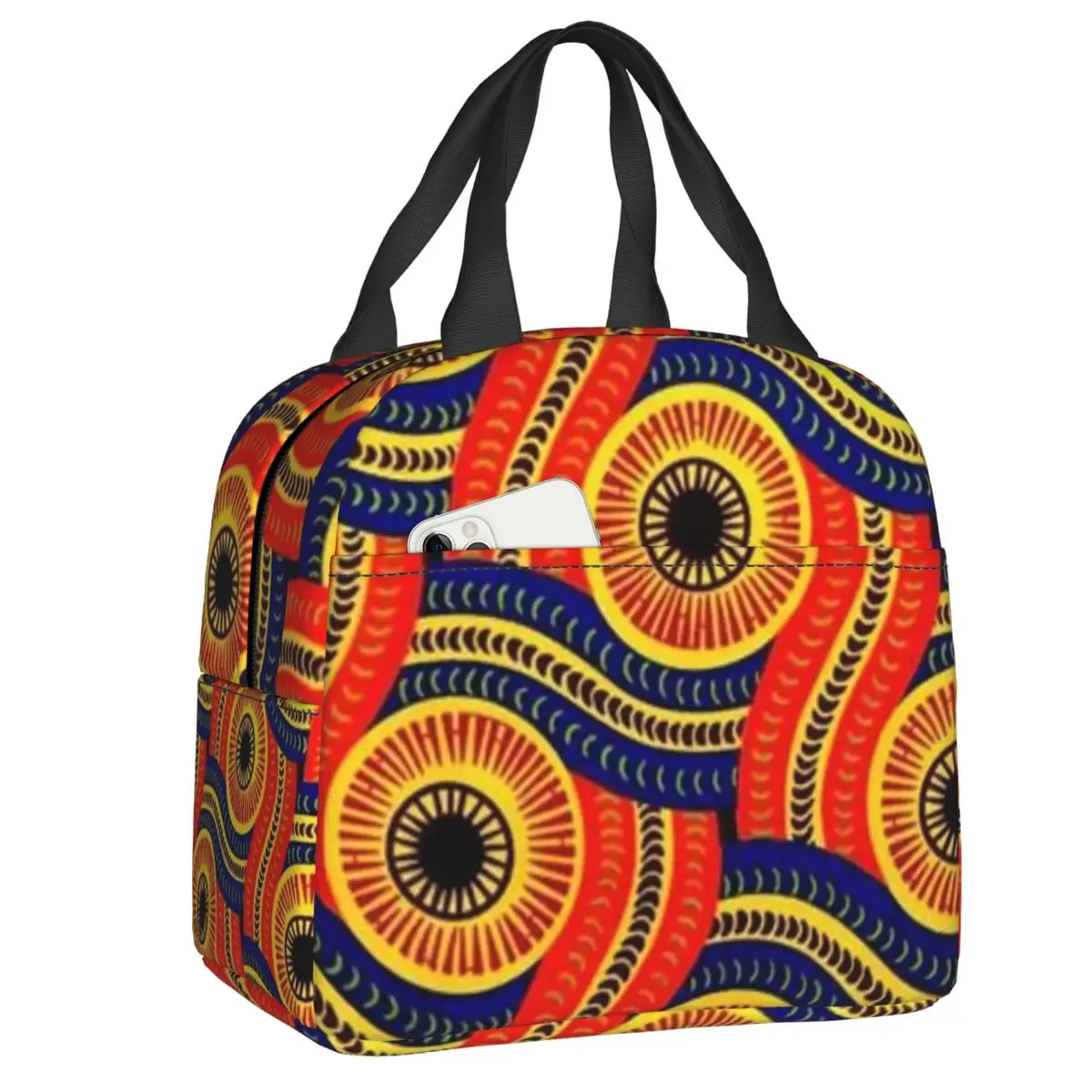 

African Ankara Print Red Portable Lunch Box for Women Multifunction Ethnic Bohemia Style Thermal Cooler Food Insulated Lunch Bag