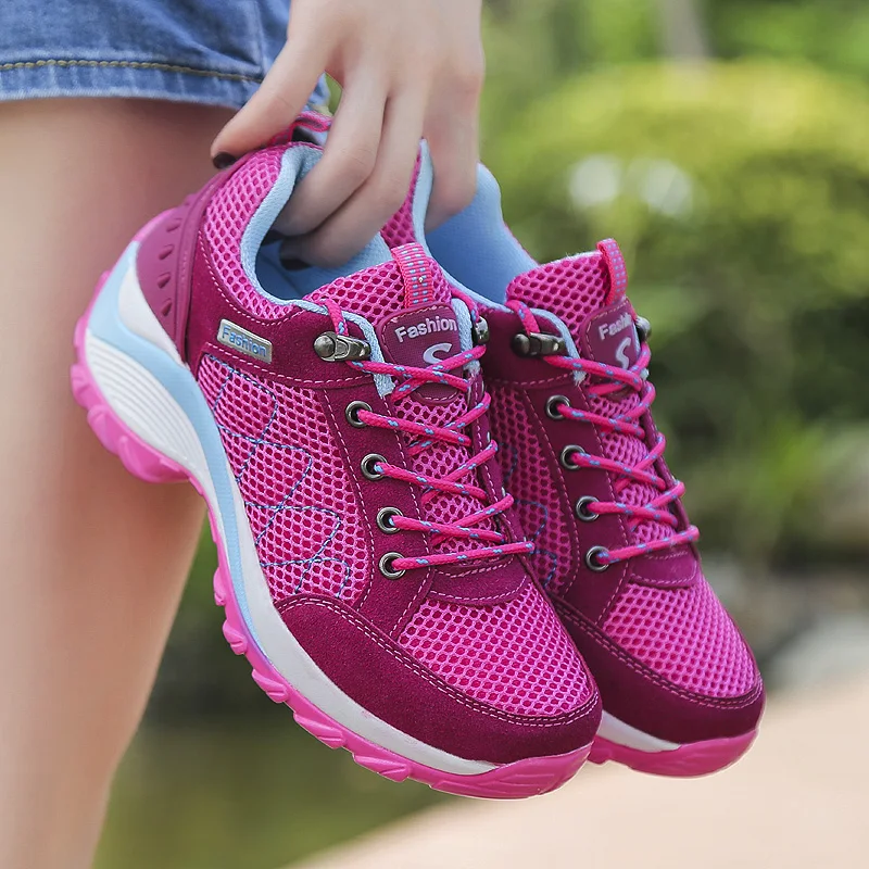 Fashion Casual Ladies Mesh Breathable Soft Soles Increased Belt Sports Fitness Hiking Shoes