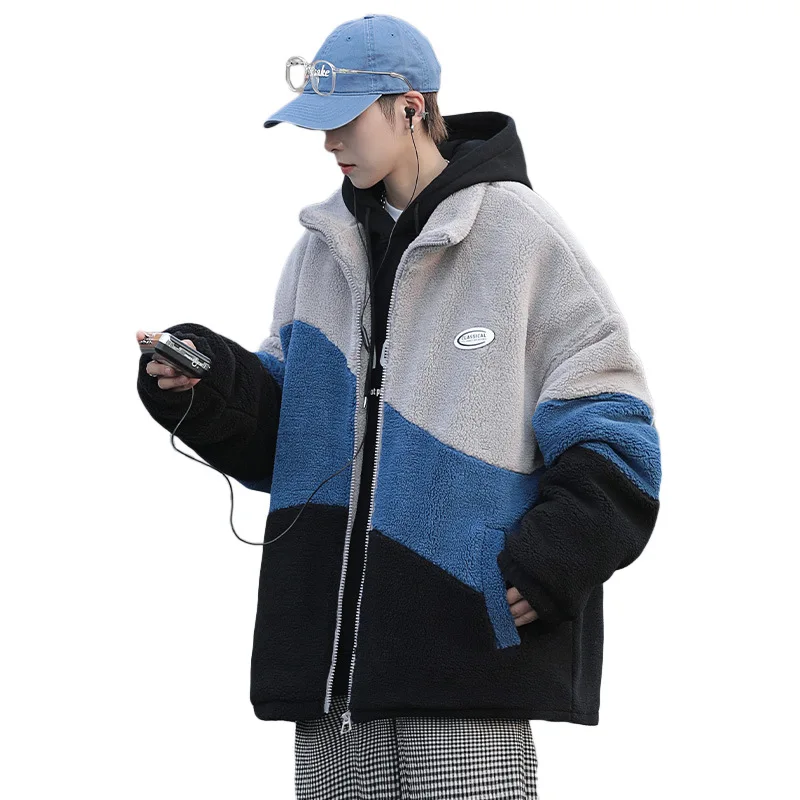 Cotton-padded Men's Autumn and Winter Contrast Color Thick Lamb Wool Coat Loose Warm Windproof Stand-up Collar Cotton-padded Men