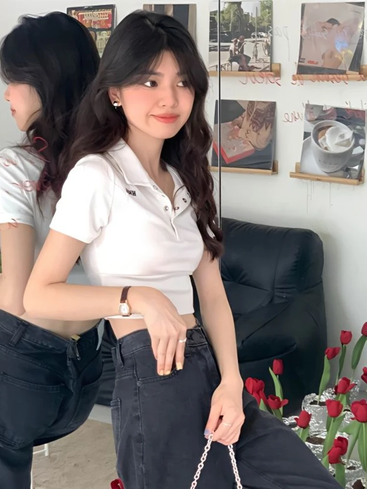 

Women Sexy Hot Turn-Down Collar Y2k Top Summer Letter Embroidery Short Sleeve T-shirts Streetwear Slim Fit Hollow Out Lumbar Tee
