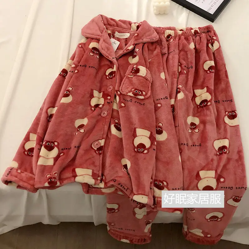 Pajama Female Panda Print Cartoon Winter Thick Fluffy Coral Fleece Sweet Cute Warm Set