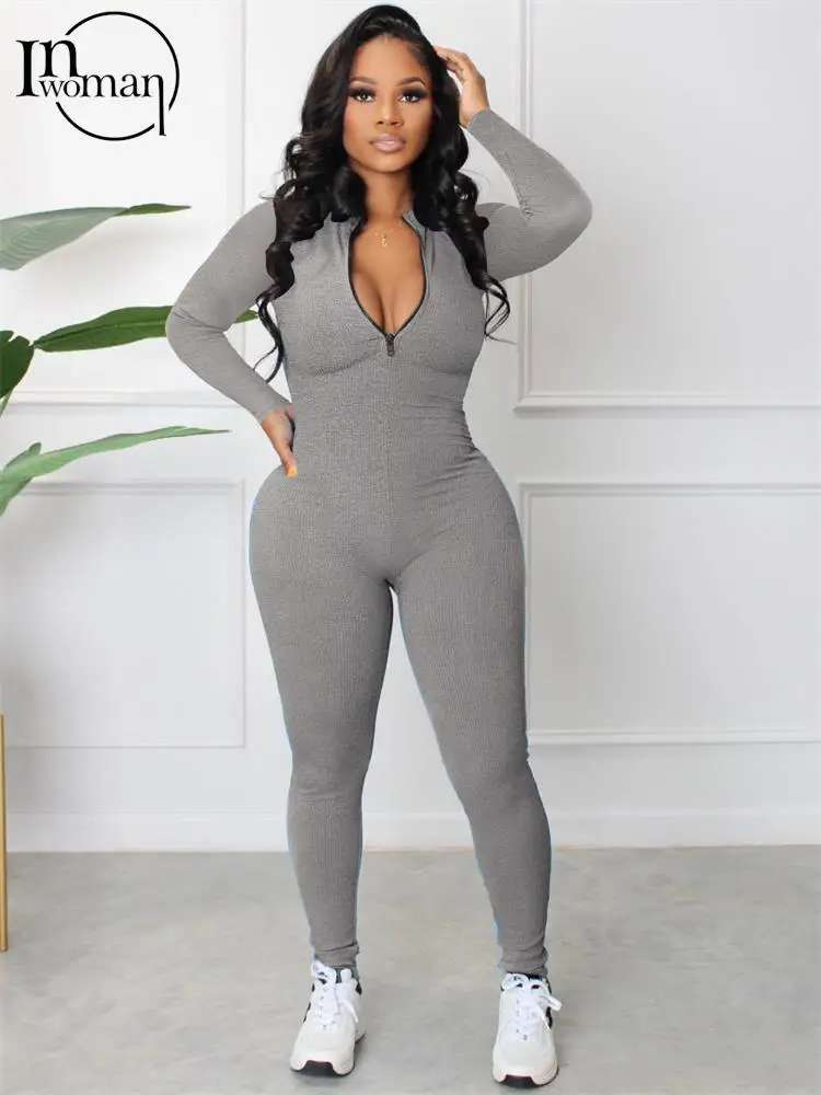 

Inwoman Autumn Sexy Solid Bodycon Jumpsuits Club Outfit For Women 2022 Long Sleeve Zip Up One Pieces Female Casual Playsuits
