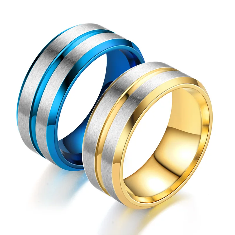 

Double Bevel Blue Gold Smooth Ring Vintage Rings Aestethic Women Ring Stainless Steel Men's Finger Rings for Teen Girls Women's