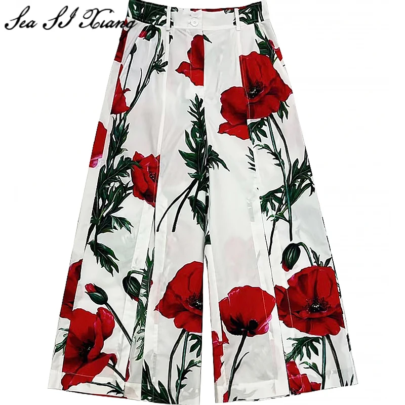 Seasixiang Fashion Designer Spring Summer 100% Cotton Trousers Women Flower Print Casual High Waist Wide Leg Pants
