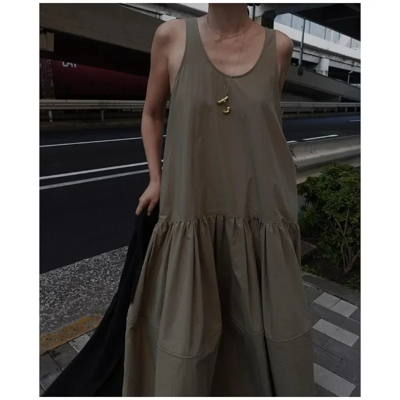 Японское платье в ленивом стиле женское летнее 2024 без рукавов с круглым вырезом