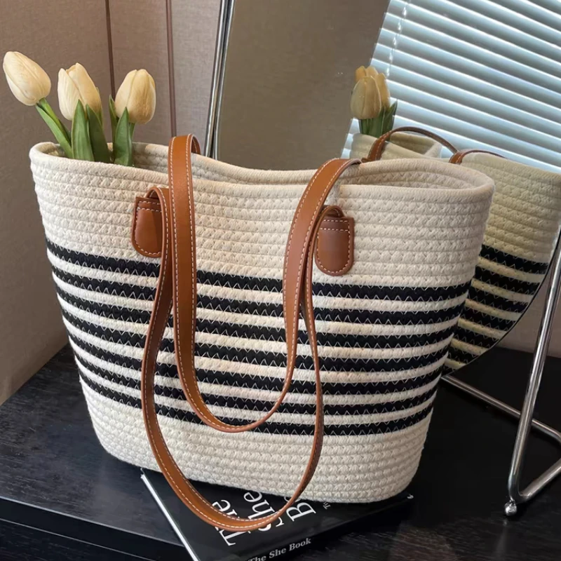 Женская Соломенная Сумка-тоут вместительный саквояж на плечо плетеная сумочка