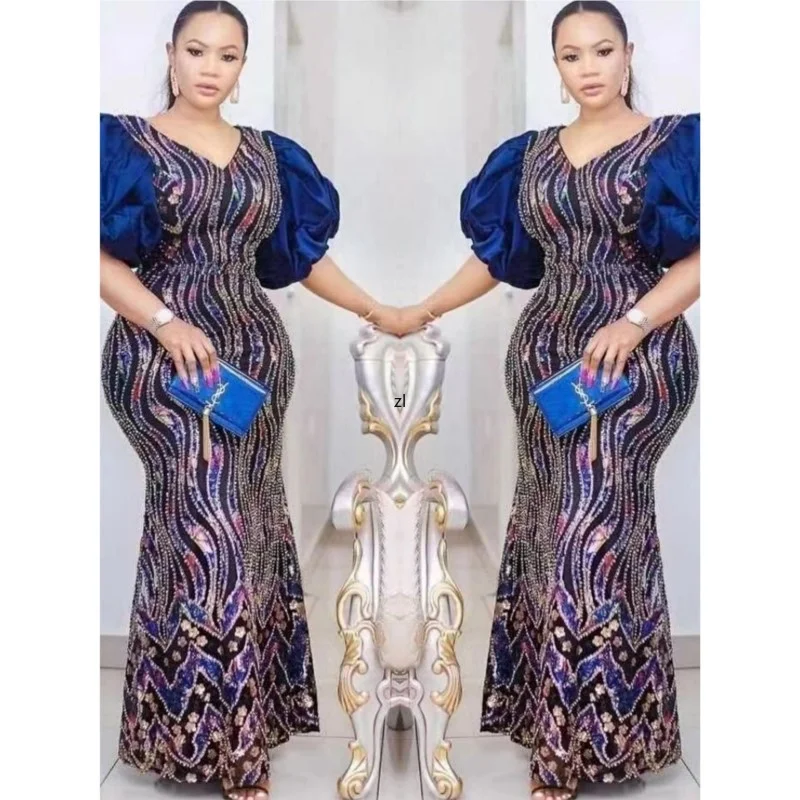 2023 New Christmas Party Evening Dress Sequins Diamond Maxi African Dresses For Women Puff Sleeves Slim Luxury Muslim Abaya 4XL