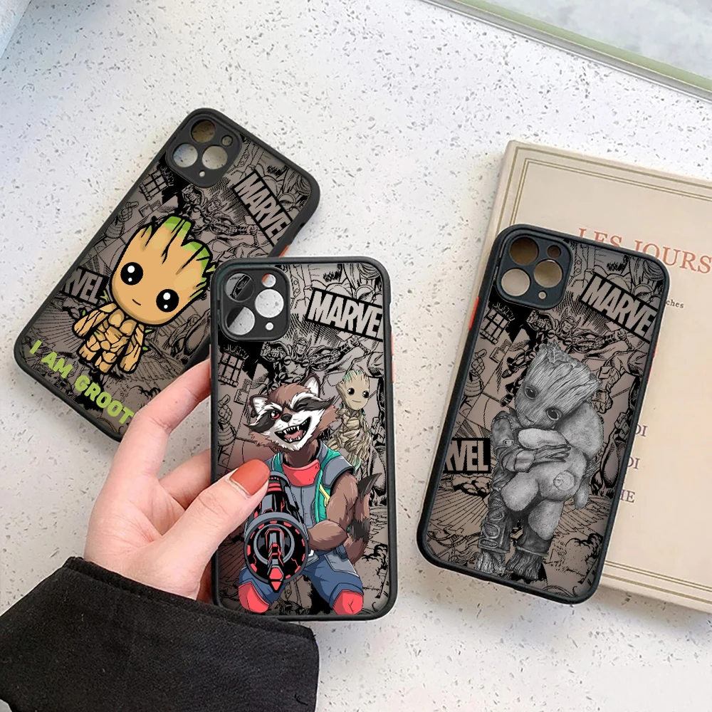Фото Противоударный матовый чехол-броня Groot Rocket Raccoon Marvel для iPhone 17E 17 16 16E 15 14 13 12 11 Pro Max 17 Air 7 8 Plus XS №1