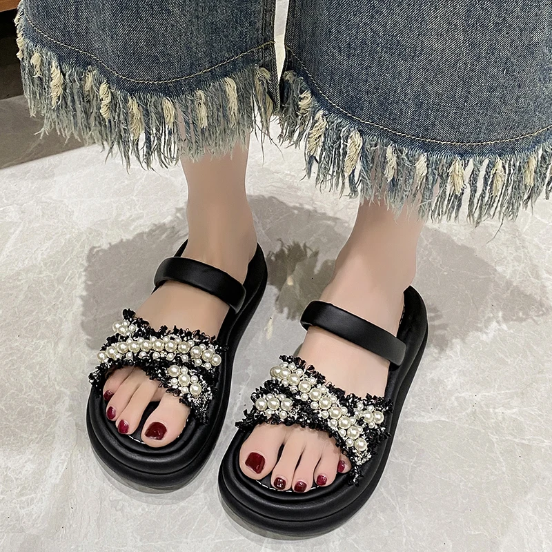 Сандалии женские с круглым носком босоножки жемчугом толстая подошва
