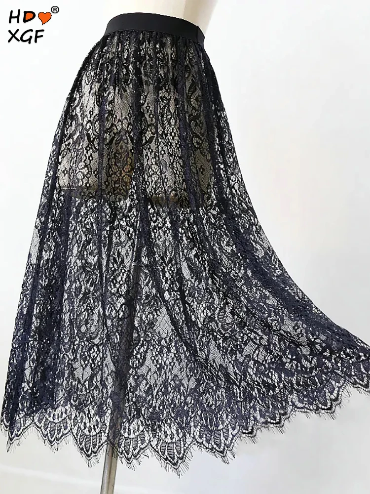 

Solid Color Elastic High Waist A-line Skirts Summer Transparent Lace Irregular Edge Loose Long Skirt Women Casual Pleated Skirts