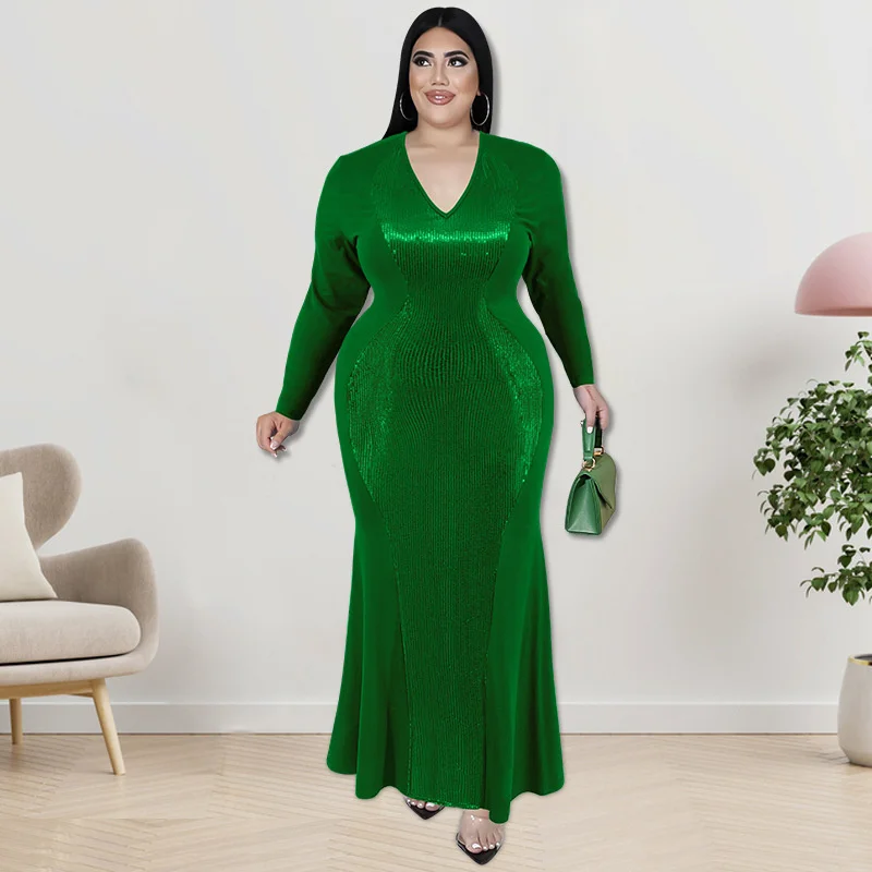 Plus Size 2023 Elegant Glitter v Neck 4xl 5xl Dress Sexy Long Sleeve Club Fashion Evening Party Dresses Autum 3xl 4xl 5xl 6xl