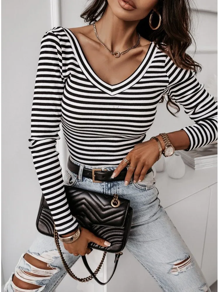 

Женская футболка в полоску, с V-образным вырезом и длинным рукавом