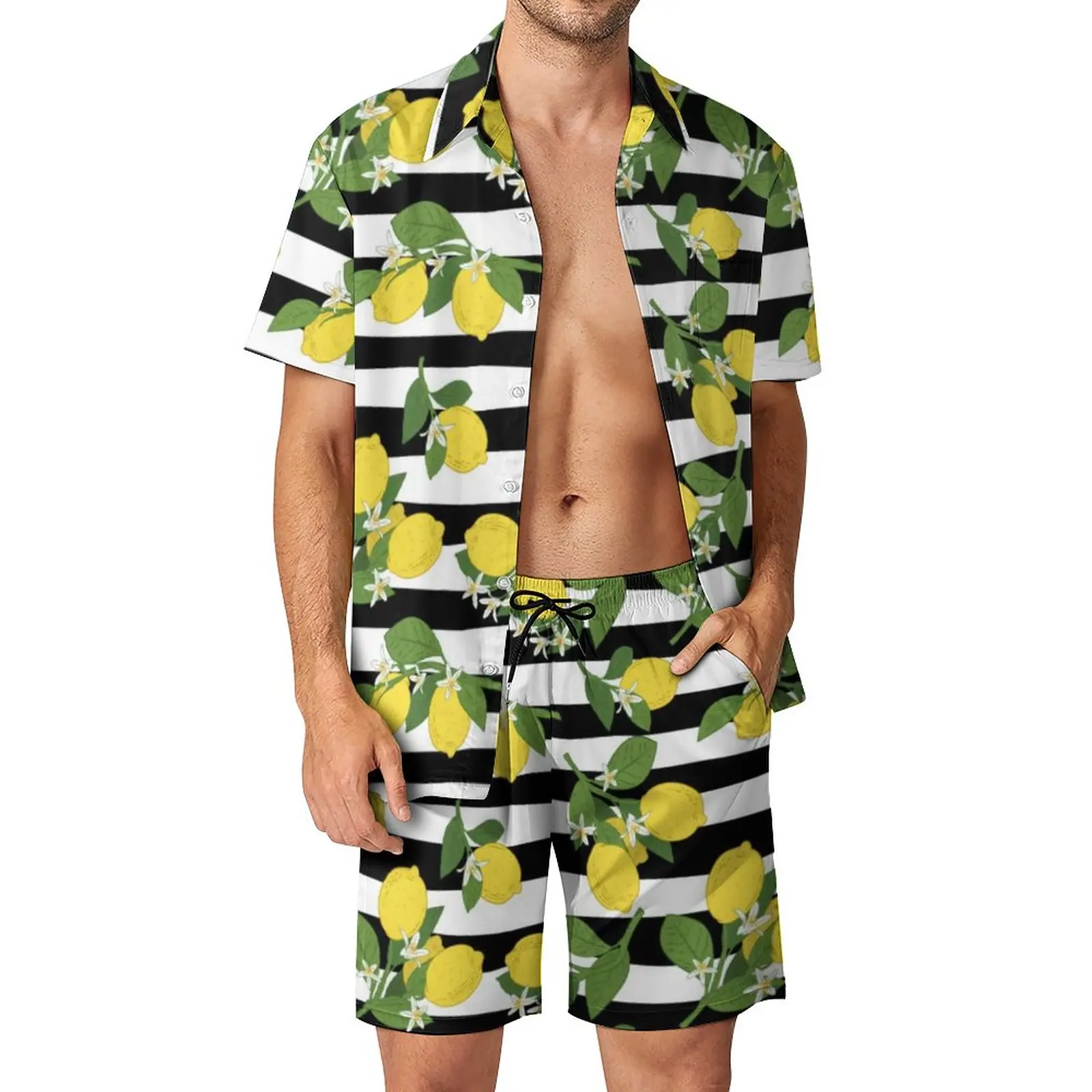 

Black White Stripes Men Sets Striped Yellow Lemons Print Casual Shorts Summer Novelty Beach Shirt Set Short Sleeve Oversize Suit