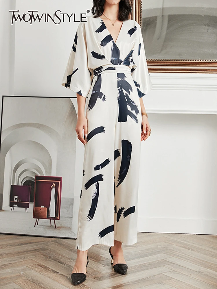 

TWOTWINSTYLE Print Colorblock Wide Leg Pants For Women V Neck Long Sleeve High Waist Loose Jumpsuit Female Spring Clothing Style