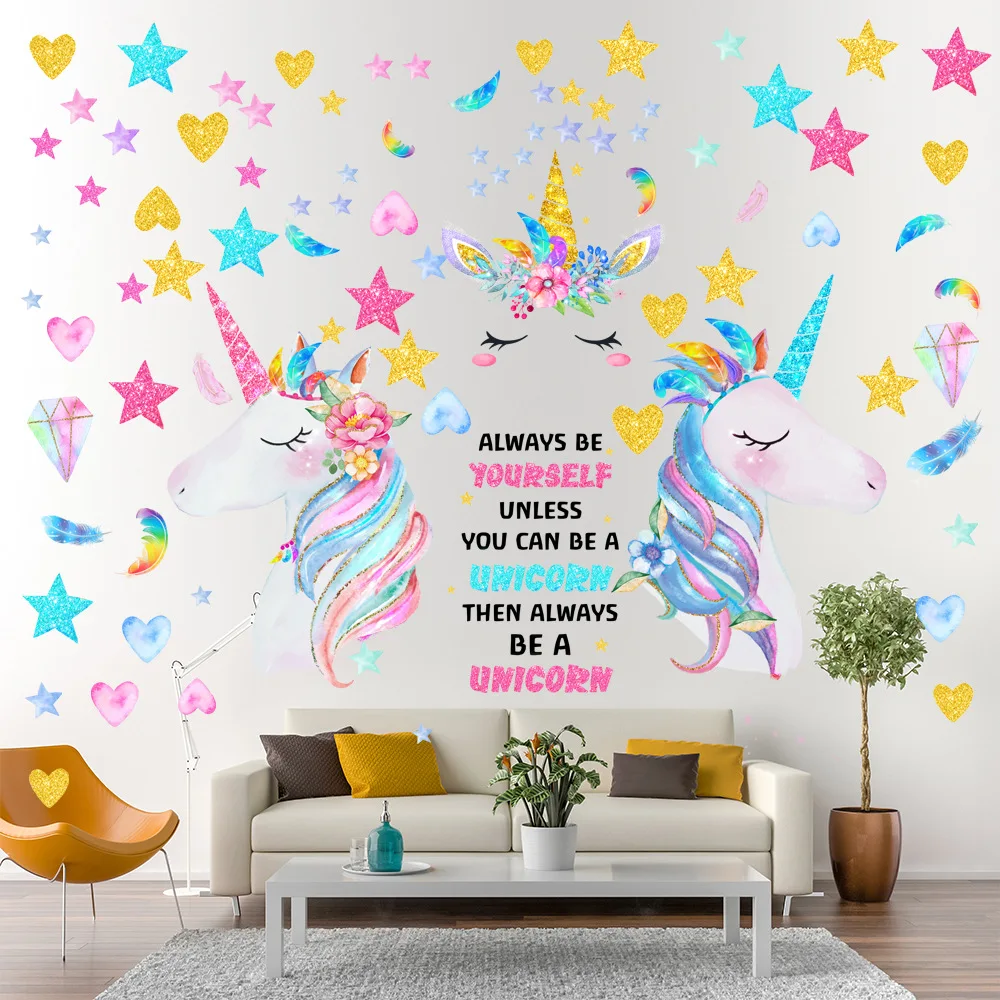 

Cartoon Wall Decor Feather Living Room Decoration Self-adhesive Wall Stickers for Kids Rooms Unicorn Modern Home Decorations