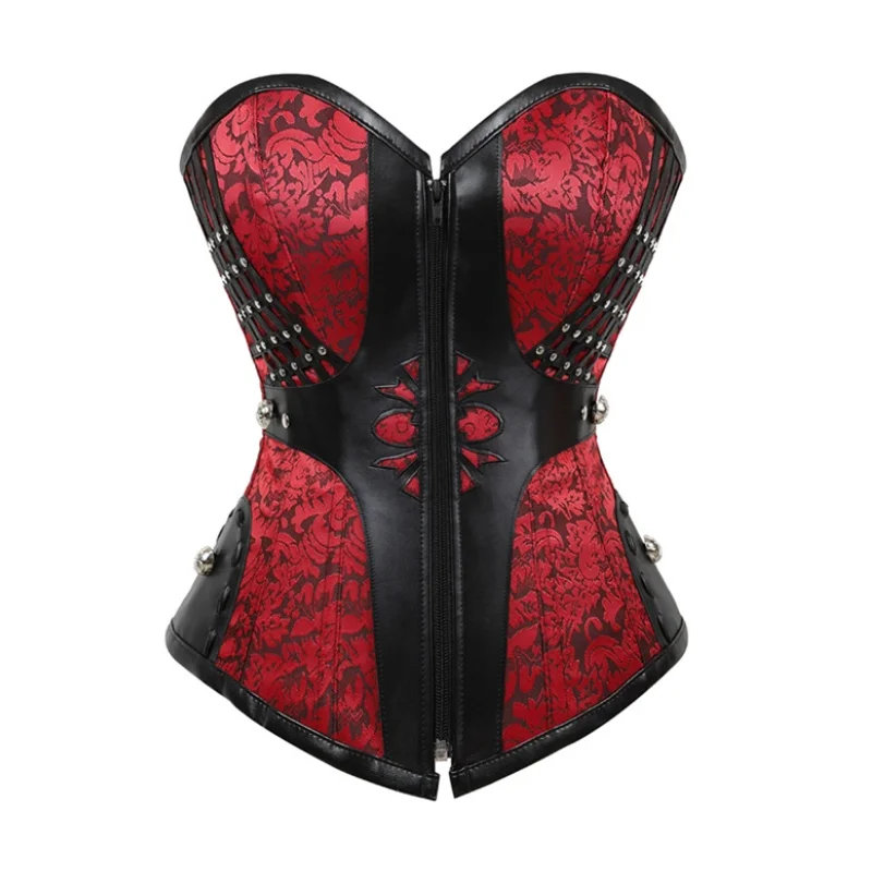 

Beonlema Gothic Women Corset Sexy Bustiers Steampunk Faux Leather Corsets Lacing Up Black Red Goth Clothing With Zipper Costume