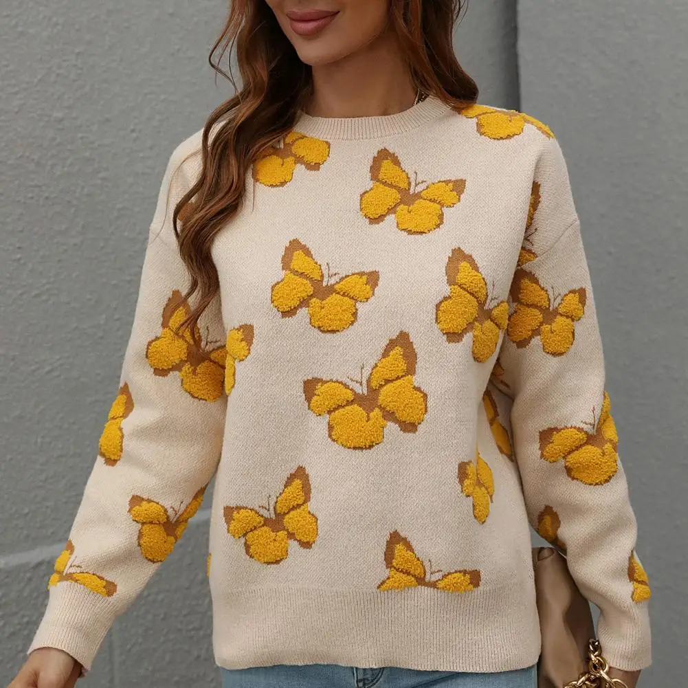 

Trendy Sweater Top Ribbed Cuffs Loose Fit Autumn Winter Butterflies Print Sweater Jumper Winter Sweater Sweater Jumper