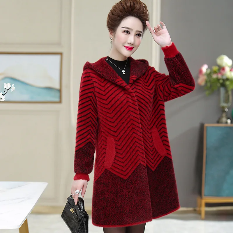 New Middle aged Woman Mother Imitation Mink Cashmere Coat Winter Hooded Thick Sweater Cardigan Jacket Faux Mink Fur Outerwear