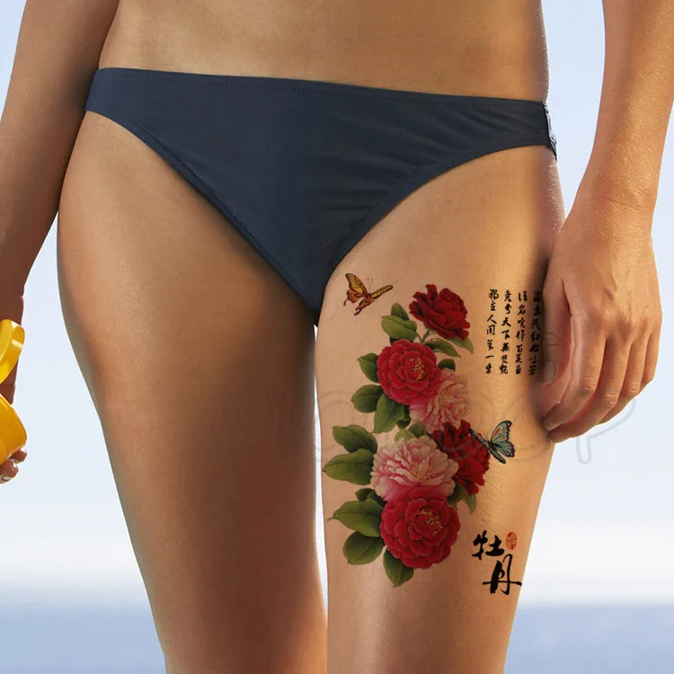 

Pink Bloom Peony Butterfly Water Transfer Tattoo Stickers Women Body Chest Art Temporary Girl Waist Bracelet Flash Tatoos Flower