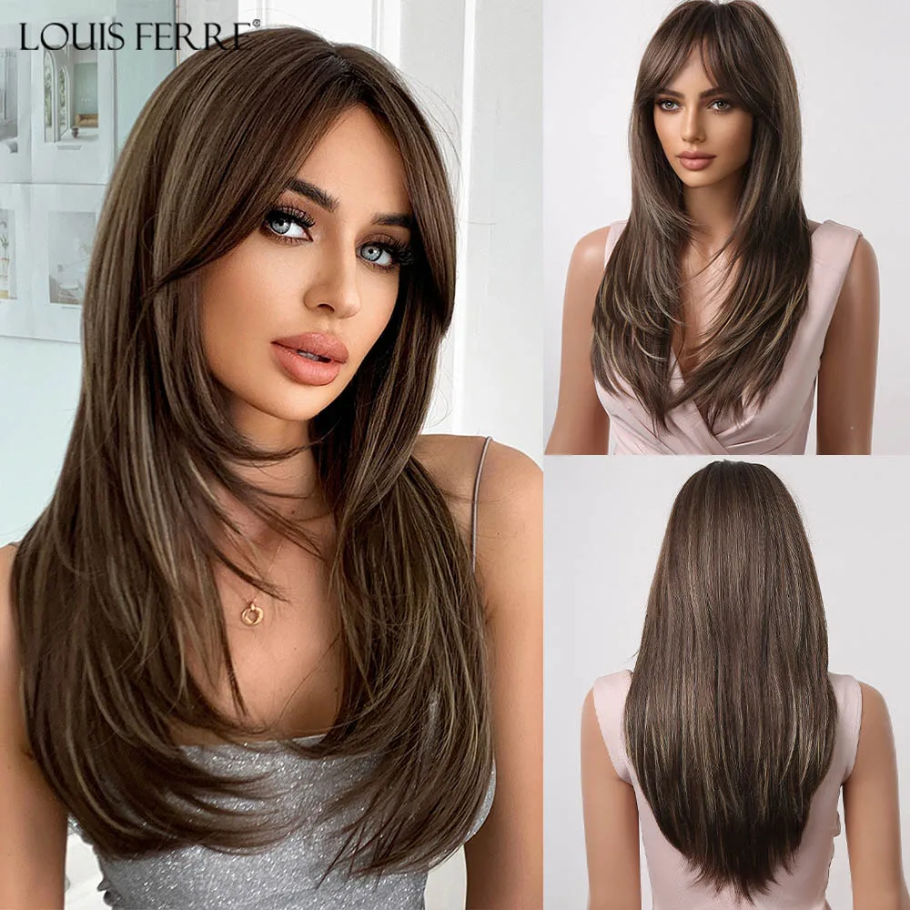 

LOUIS FERRE Long Brown Layered Synthetic Wigs With Bangs Caramel Brown Straight Wig Mixed Blonde Highlights Heat Resistant Fibre