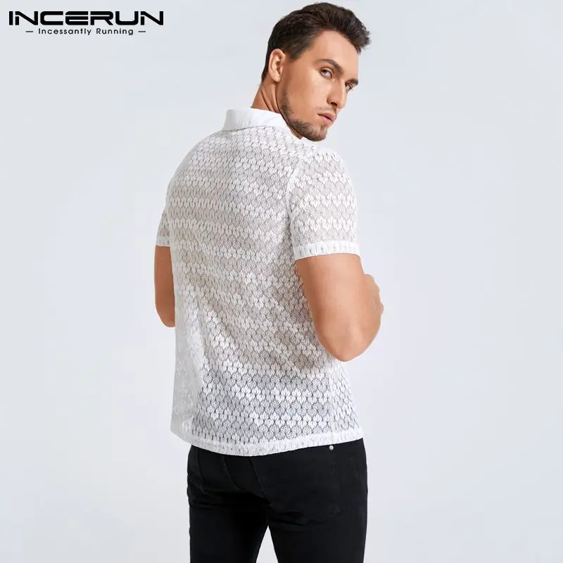 Men Mesh Shirt Lace Lapel Short Sleeve Streetwear See Through Casual Tops Sexy Party Nightclub Shirts 2022 Camisas 5XL INCERUN