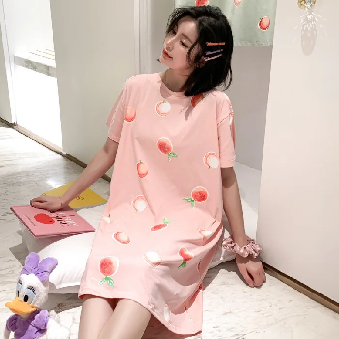 Women Nightgowns Cotton Nightdress Cute Cartoon Nightwear Sweet Princess Short Sleeve Sleepwear Loose Spring Homewear Nightshirt