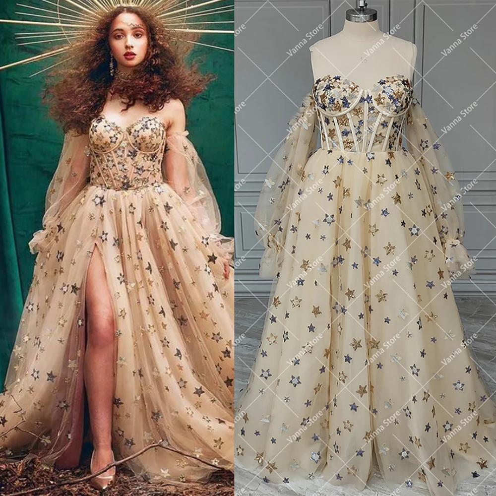 

Шампанское Звездное платье с блестками для выпускного вечера платье для встречи выпускников с геометрическим узором с высоким разрезом ТРАПЕЦИЕВИДНОЕ цельнокроеное свадебное платье для фотосессии