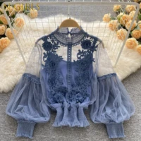 n girls design three dimensional flower blouse french lantern sleeve mesh topsleeveless strap tops autumn two piece set women