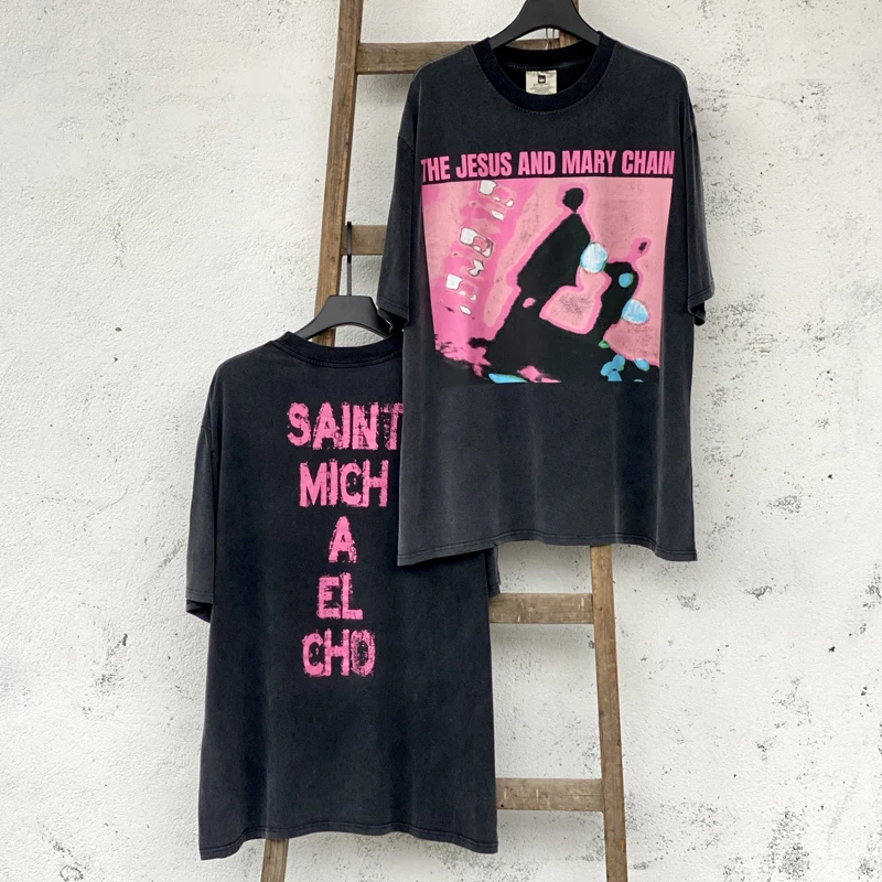 

Saint Michael T-shirt Abstract Figure Print High Street Retro Heavy Pound Do Old Washed Crewneck Short Sleeve T Shirt Men's