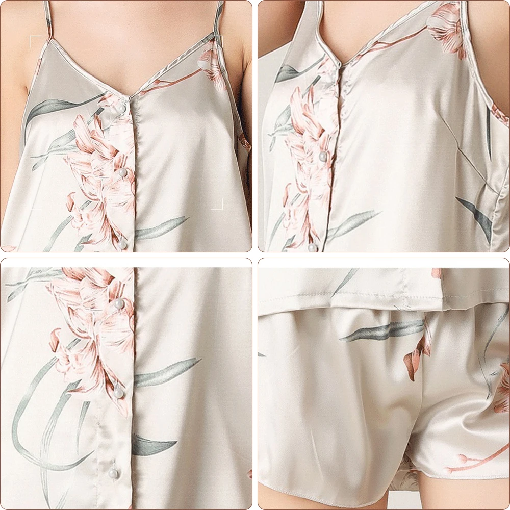 silk printed pajama suit with suspenders and small fresh pajama shorts two-piece set of fashionable ice silk casual home clothes