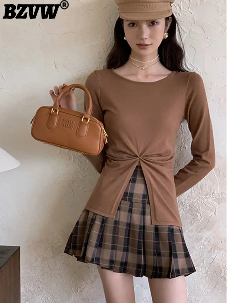 

BZVW Long Sleeved O-neck Pullover Knit T-shit For Women 2023 Spring Autumn New Trend Pleated Split Designer Tops Female 25X3847