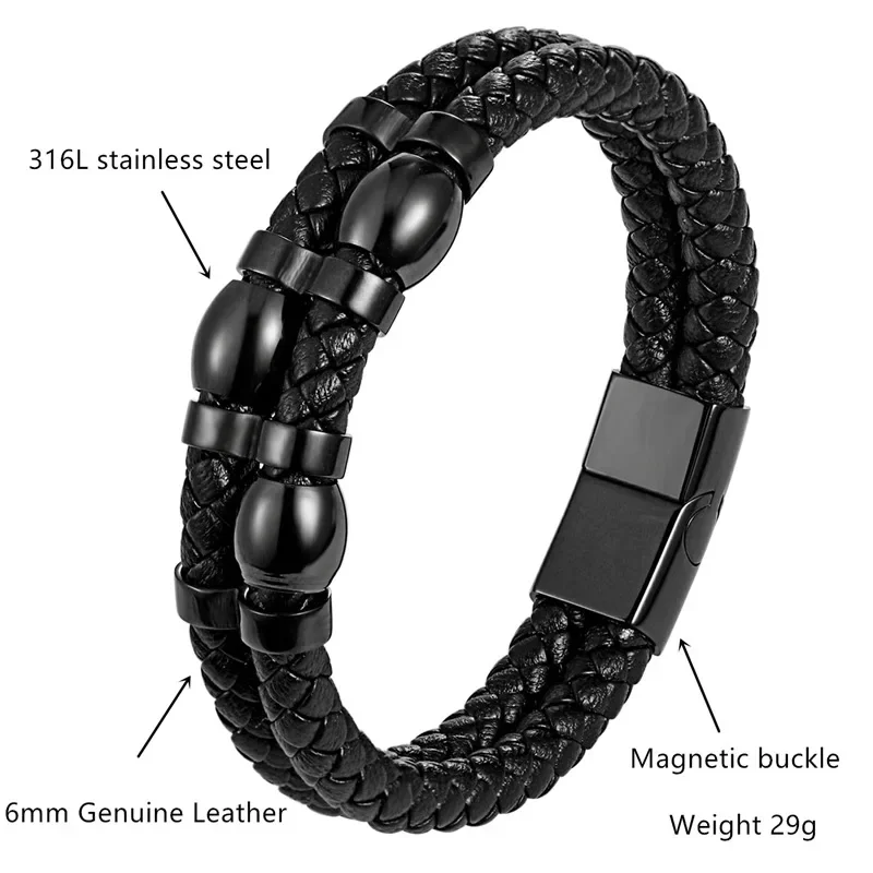 Fashionable Cross-Border Style Men's Genuine Leather Titanium Steel Punk Bracelet Black Versatile Stainless Unique Wristba