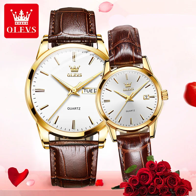 OLEVS High Quality PU Strap Couple  Wristwatch Quartz Waterproof Fashion Watch for Couple Luminous Calendar Week Display