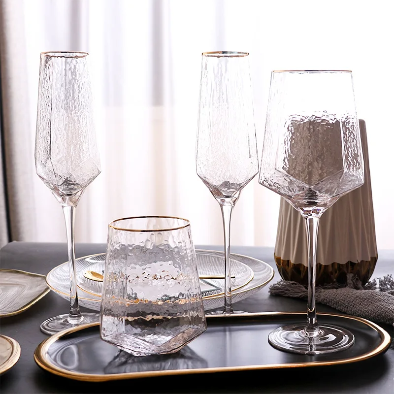 

Creative Hammer Pattern Gold-rimmed Glass Nordic Retro Crystal Goblet Gold-rimmed Champagne Glass